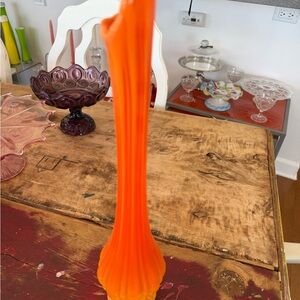 Vintage L.E. Smith @17” Bittersweet Orange Ribbed Column Swung Vase